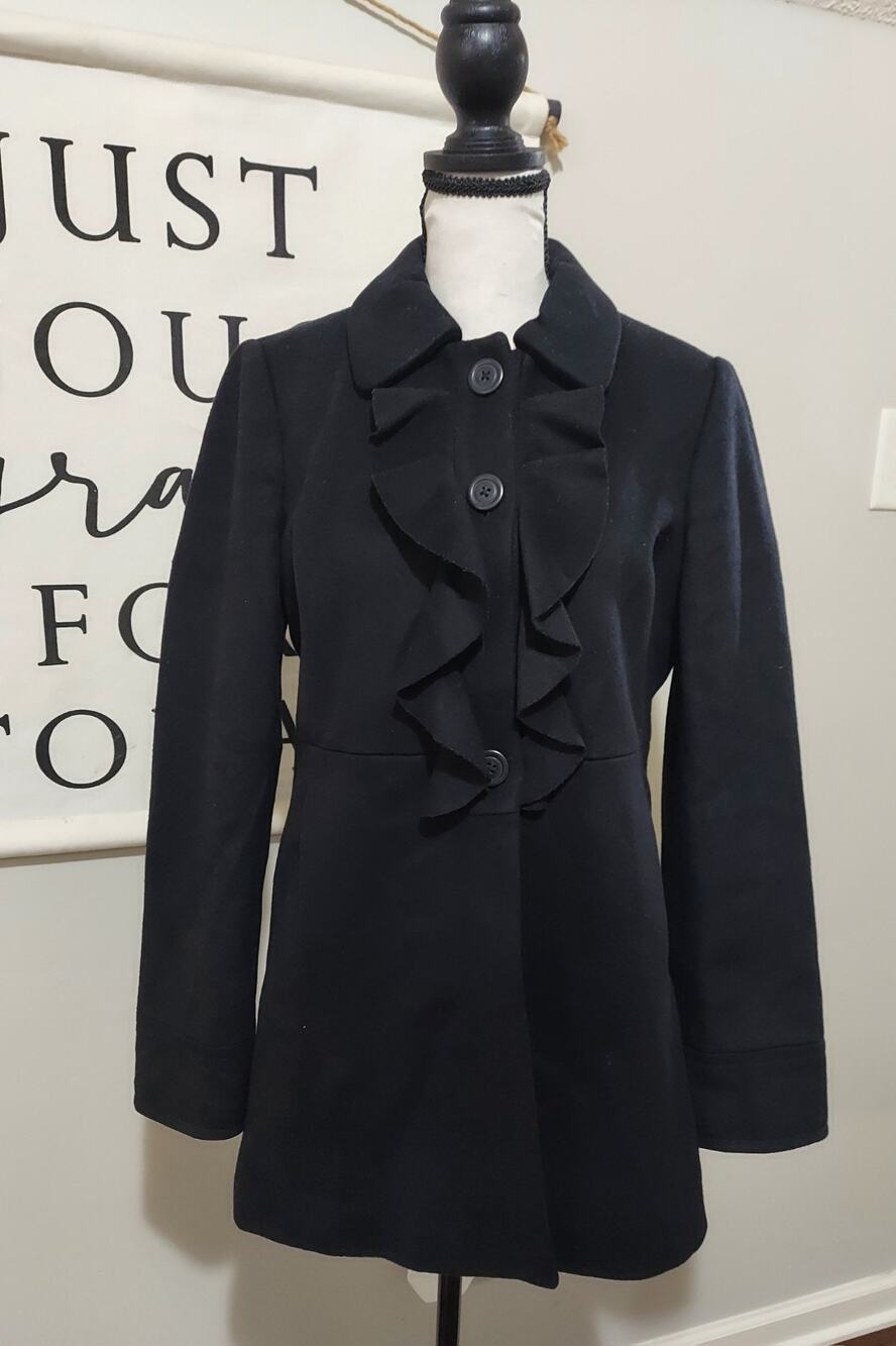J.Crew Black 100% Wool Ruffle Front Coat Jacket Peacoat Size 2 Archival 2000 Era
